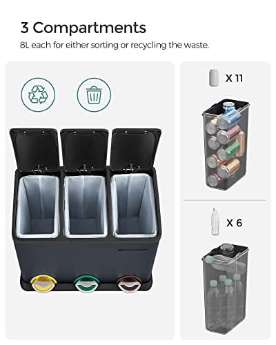 Songmics återvinningskärl, 3-i-1 Pedal Bin, 24-liters metall skräpfack, stål, grå 3 Songmics återvinningskärl, 3-i-1 Pedal Bin, 24-liters metall skräpfack, stål, grå - Bild 3