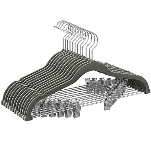 Byxhängare, Set med 12 Sammetshängare med Justerbara Klämmor, 42,5 Cm Längd, Halkfri, Platsbesparande, För Kjolar, Kappor, Klänningar, Grå 1 Byxhängare, Set med 12 Sammetshängare med Justerbara Klämmor, 42,5 Cm Längd, Halkfri, Platsbesparande, För Kjolar, Kappor, Klänningar, Grå