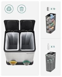 Papperskorg, 30 Liters Avfallssepareringssystem, 2 X 15l Kärl, med Innerkorgar, Färgkodade Pedaler, För Kök, Vardagsrum, Silver Och Svart - Bild 4