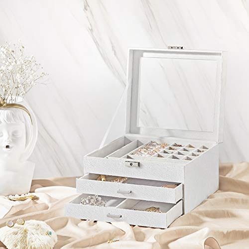 Songmics smyckeskrin, 3-vånings smyckesdisplay i sammet och organisatör med klart glaslock, olika fack för halsband, armband, ringar, lås och nyckel, vit JBC158W01 3 Songmics smyckeskrin, 3-vånings smyckesdisplay i sammet och organisatör med klart glaslock, olika fack för halsband, armband, ringar, lås och nyckel, vit JBC158W01 - Bild 3