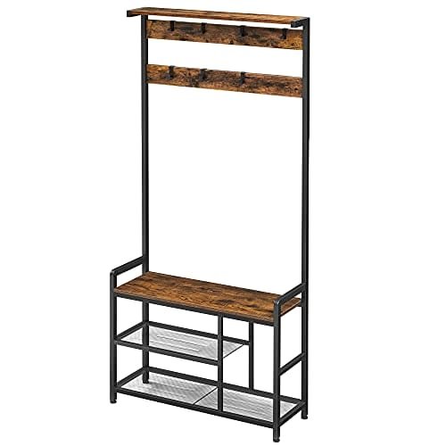 Vasagle klädhängare, hallträd med 8 krokar, skobänk, förvaringshyllor, brun och svart 1 klädhängare