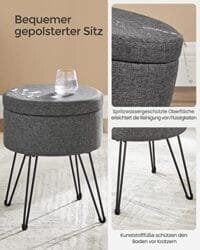 Songmics LOM002G02 ROUND AFTOOL med förvaringsutrymme, förvaringslåda med lock, 13,4L, fotstöd, metallben, vadderad sits, för vardagsrum, sovrum, mörkgrå 5 Songmics LOM002G02 ROUND AFTOOL med förvaringsutrymme, förvaringslåda med lock, 13,4L, fotstöd, metallben, vadderad sits, för vardagsrum, sovrum, mörkgrå - Bild 5
