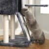 Katt som klättrar på rökig grått kattträd, 2.5 m högt, för klös och lek.