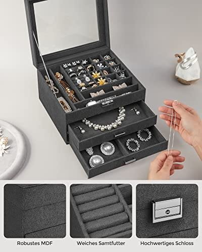 Songmics Smyckeskrin, 3-vånings smyckesväska i sammet och arrangö, grå 5 Songmics Smyckeskrin, 3-vånings smyckesväska i sammet och arrangö, grå - Bild 5