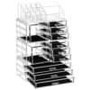 Transparent makeup organizer med 11 lådor och 15 fack för kosmetika och smycken.