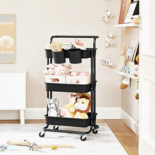 Songmics Rolling Cart, 3-Tier Storage Cart, förvaringsvagn med handtag, svart 2 Songmics Rolling Cart, 3-Tier Storage Cart, förvaringsvagn med handtag, svart - Bild 2