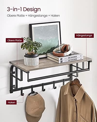 Väggmonterat, klädkrokar med 5 krokar och hängskena, Greige och svart 2 Väggmonterat, klädkrokar med 5 krokar och hängskena, Greige och svart - Bild 2