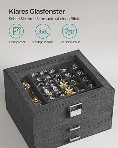 Songmics Smyckeskrin, 3-vånings smyckesväska i sammet och arrangö, grå 3 Songmics Smyckeskrin, 3-vånings smyckesväska i sammet och arrangö, grå - Bild 3