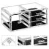 Transparent makeup organizer med 11 lådor och 15 fack för kosmetika och smycken.