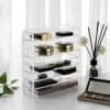Transparent makeup förvaringsbox med 7 hyllor för smink och accessoarer.