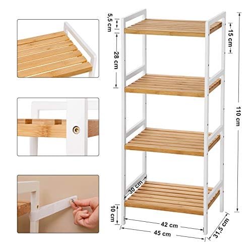 Songmics bambuhylla, kökshyllor, badrumshylla, bokhylla, 4 hyllor 45 x 31,5 x 110 cm, naturvit 4 Songmics bambuhylla, kökshyllor, badrumshylla, bokhylla, 4 hyllor 45 x 31,5 x 110 cm, naturvit - Bild 4