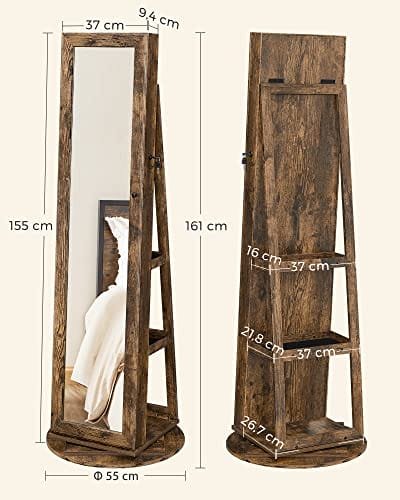 Songmics 360° roterande smyckesskåp, hellängdsspegel, låsbar, förvaringshyllor, rustik brun 5 Songmics 360° roterande smyckesskåp, hellängdsspegel, låsbar, förvaringshyllor, rustik brun - Bild 5