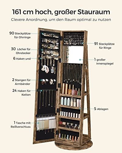 Songmics 360° roterande smyckesskåp, hellängdsspegel, låsbar, förvaringshyllor, rustik brun 3 Songmics 360° roterande smyckesskåp, hellängdsspegel, låsbar, förvaringshyllor, rustik brun - Bild 3