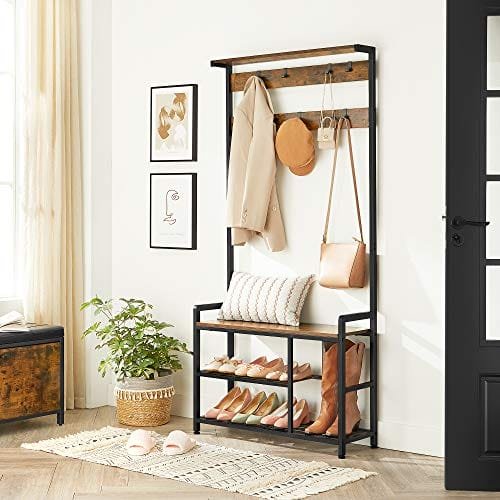 Vasagle klädhängare, hallträd med 8 krokar, skobänk, förvaringshyllor, brun och svart 2 Vasagle klädhängare, hallträd med 8 krokar, skobänk, förvaringshyllor, brun och svart - Bild 2
