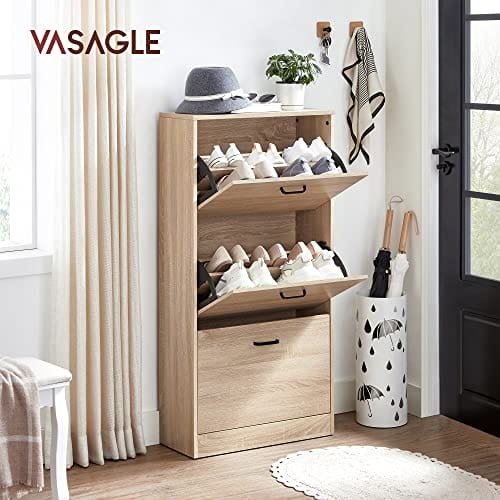 Vasagle skoskåp med 3 dörrars skoställ, skoskåp med 3 fack, 60 x 24 x 120 cm, natur 2 Vasagle skoskåp med 3 dörrars skoställ, skoskåp med 3 fack, 60 x 24 x 120 cm, natur - Bild 2