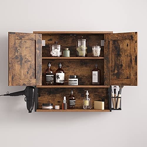 Vasagle badrumsskåp, badrumsskåp, väggskåp, förvaringsskåp, med 2 dörrar, justerbara hyllor, med hårtork, industriell design, vintage brun/svart BBK123B01 3 Vasagle badrumsskåp, badrumsskåp, väggskåp, förvaringsskåp, med 2 dörrar, justerbara hyllor, med hårtork, industriell design, vintage brun/svart BBK123B01 - Bild 3