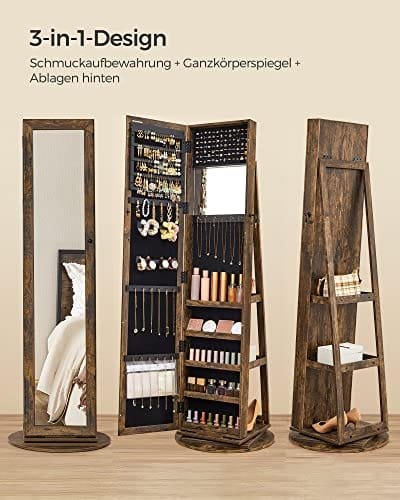 Songmics 360° roterande smyckesskåp, hellängdsspegel, låsbar, förvaringshyllor, rustik brun 2 Songmics 360° roterande smyckesskåp, hellängdsspegel, låsbar, förvaringshyllor, rustik brun - Bild 2