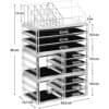 Transparent makeup organizer med många lådor och fack för kosmetika och smycken.