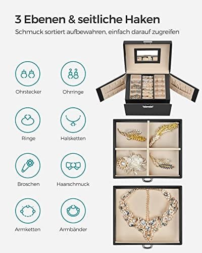 Songmics 3-Tier Smyckeskrin, resesmycke fodral With Band, 2 lådor, svart 3 Songmics 3-Tier Smyckeskrin, resesmycke fodral With Band, 2 lådor, svart - Bild 3