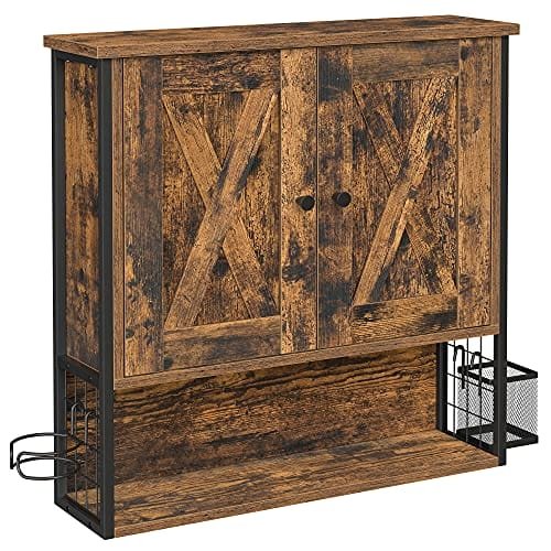 Vasagle badrumsskåp, badrumsskåp, väggskåp, förvaringsskåp, med 2 dörrar, justerbara hyllor, med hårtork, industriell design, vintage brun/svart BBK123B01 1 Vasagle badrumsskåp, badrumsskåp, väggskåp, förvaringsskåp, med 2 dörrar, justerbara hyllor, med hårtork, industriell design, vintage brun/svart BBK123B01