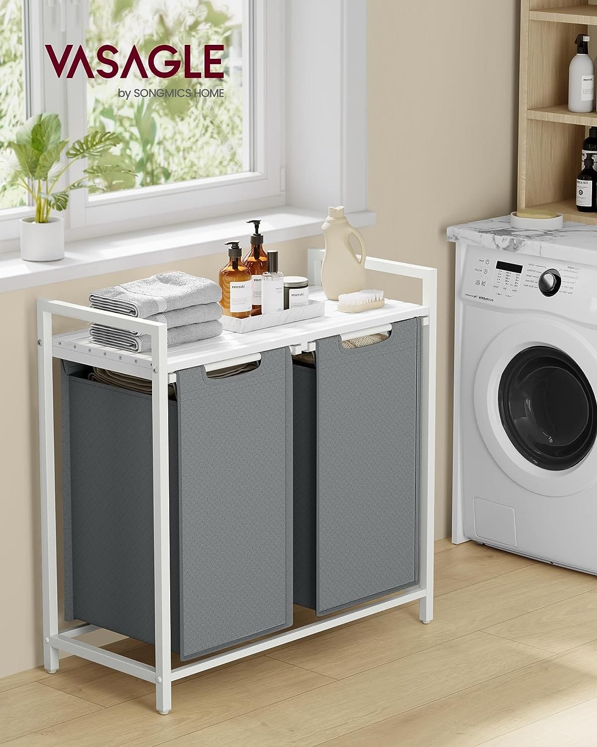 Vasagle tvättkorg, 2 fack, Oxford -tygtvättpåse, utdragbar, avtagbar, metallram, 2 x 46 l, vit/ljusgrå 2 Vasagle tvättkorg, 2 fack, Oxford -tygtvättpåse, utdragbar, avtagbar, metallram, 2 x 46 l, vit/ljusgrå - Bild 2