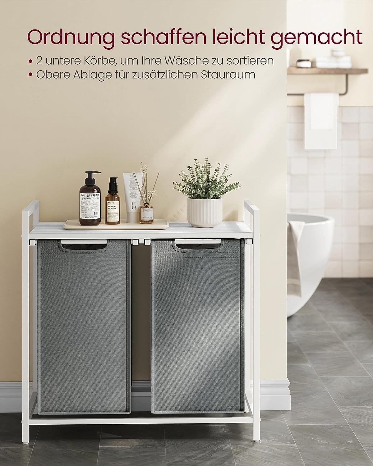 Vasagle tvättkorg, 2 fack, Oxford -tygtvättpåse, utdragbar, avtagbar, metallram, 2 x 46 l, vit/ljusgrå 3 Vasagle tvättkorg, 2 fack, Oxford -tygtvättpåse, utdragbar, avtagbar, metallram, 2 x 46 l, vit/ljusgrå - Bild 3
