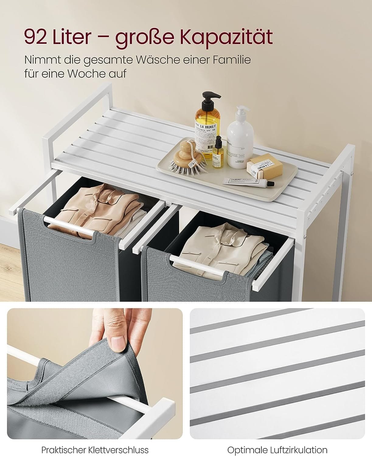 Vasagle tvättkorg, 2 fack, Oxford -tygtvättpåse, utdragbar, avtagbar, metallram, 2 x 46 l, vit/ljusgrå 4 Vasagle tvättkorg, 2 fack, Oxford -tygtvättpåse, utdragbar, avtagbar, metallram, 2 x 46 l, vit/ljusgrå - Bild 4