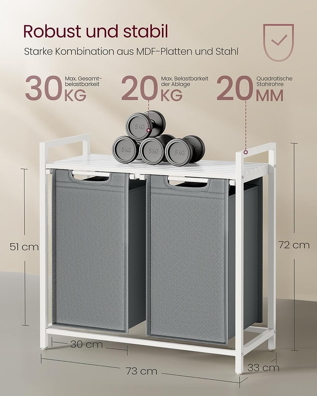 Vasagle tvättkorg, 2 fack, Oxford -tygtvättpåse, utdragbar, avtagbar, metallram, 2 x 46 l, vit/ljusgrå 6 Vasagle tvättkorg, 2 fack, Oxford -tygtvättpåse, utdragbar, avtagbar, metallram, 2 x 46 l, vit/ljusgrå - Bild 6