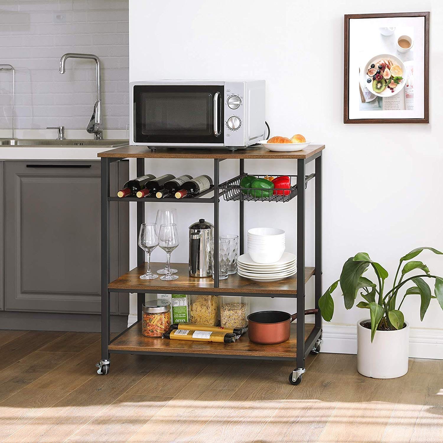 Vasagle Baker's Rack på hjul, köksö, matvagn med metallnätkorg, flaskhållare och förvaringshyllor, 80 x 40 x 86,5 cm, industriell stil, rustik brun KKS80X 3 Vasagle Baker's Rack på hjul, köksö, matvagn med metallnätkorg, flaskhållare och förvaringshyllor, 80 x 40 x 86,5 cm, industriell stil, rustik brun KKS80X - Bild 3