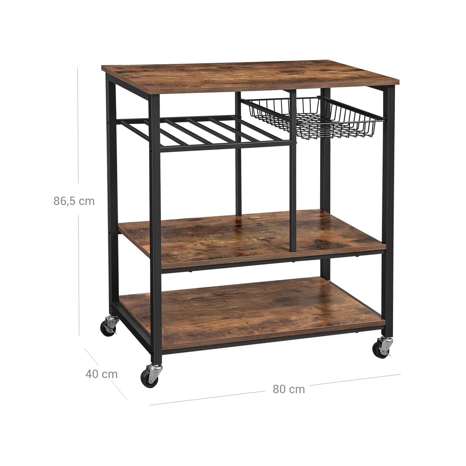 Vasagle Baker's Rack på hjul, köksö, matvagn med metallnätkorg, flaskhållare och förvaringshyllor, 80 x 40 x 86,5 cm, industriell stil, rustik brun KKS80X 6 Vasagle Baker's Rack på hjul, köksö, matvagn med metallnätkorg, flaskhållare och förvaringshyllor, 80 x 40 x 86,5 cm, industriell stil, rustik brun KKS80X - Bild 6