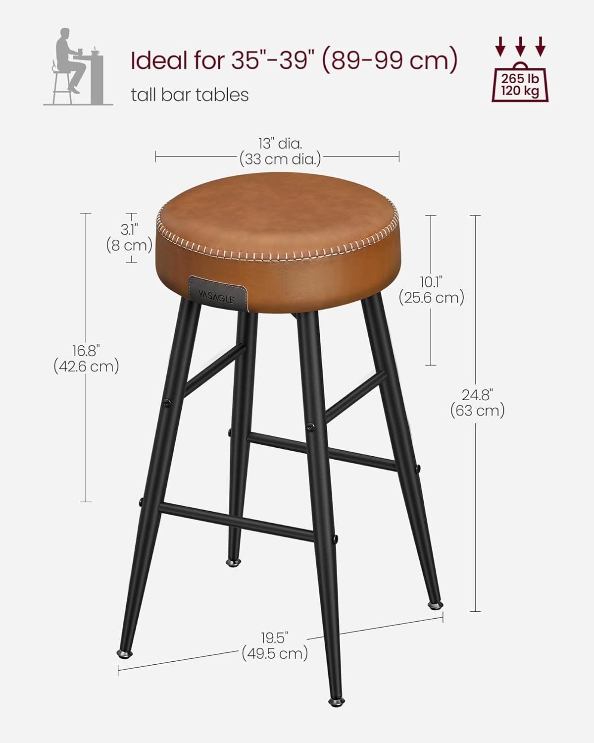 VASAGLE Echo Collection ULBC080K01 Bar Stools, Set of 2, Kitchen Stools, Breakfast Stools, Stitched Faux Leather, 24.8" High, Home Bar, Dining Room, Easy Assembly, Caramel Brown 3 VASAGLE Echo Collection ULBC080K01 Bar Stools, Set of 2, Kitchen Stools, Breakfast Stools, Stitched Faux Leather, 24.8" High, Home Bar, Dining Room, Easy Assembly, Caramel Brown - Bild 3