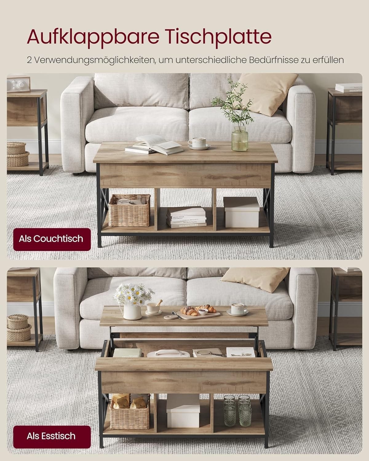 Soffbord, Höj- Och Sänkbart Vardagsrumsbord, X-stag, 60 X 100 X (48-62) Cm, Kamelbrun/svart 4 Soffbord, Höj- Och Sänkbart Vardagsrumsbord, X-stag, 60 X 100 X (48-62) Cm, Kamelbrun/svart - Bild 4