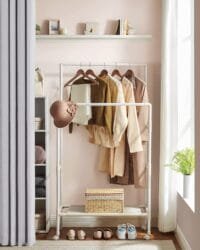 Songmics metall kläder rack med 2 klädskenor, 1 hylla, 4 hjul, enkel montering, vit - Bild 6