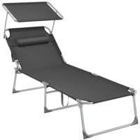 SONGMICS Lounger, Sunbed, Large Reclining Sun Chair, 71 x 200 x 38 cm, Load Capacity 150 kg, with Headrest, Reclining Backrest, Sunshade, Foldable, for Garden, Smoky Grey GCB22GYV2