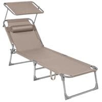 SONGMICS Sun Lounger, Sunbed, Reclining Sun Chair, with Headrest, Adjustable Backrest, Sunshade, Lightweight, Foldable, 53 x 193 x 29.5 cm, Load Capacity 150 kg, for Garden, Taupe GCB192K01