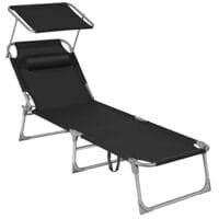 SONGMICS Sun Lounger, Sunbed, Reclining Sun Chair, with Headrest, Adjustable Backrest, Sunshade, Lightweight, Foldable, 53 x 193 x 29.5 cm, Load Capacity 150 kg, for Garden, Black GCB192B01