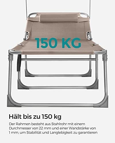 SONGMICS Sun Lounger, Sunbed, Reclining Sun Chair, with Headrest, Adjustable Backrest, Sunshade, Lightweight, Foldable, 53 x 193 x 29.5 cm, Load Capacity 150 kg, for Garden, Taupe GCB192K01 6 SONGMICS Sun Lounger, Sunbed, Reclining Sun Chair, with Headrest, Adjustable Backrest, Sunshade, Lightweight, Foldable, 53 x 193 x 29.5 cm, Load Capacity 150 kg, for Garden, Taupe GCB192K01 - Bild 6