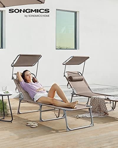SONGMICS Sun Lounger, Sunbed, Reclining Sun Chair, with Headrest, Adjustable Backrest, Sunshade, Lightweight, Foldable, 53 x 193 x 29.5 cm, Load Capacity 150 kg, for Garden, Taupe GCB192K01 2 SONGMICS Sun Lounger, Sunbed, Reclining Sun Chair, with Headrest, Adjustable Backrest, Sunshade, Lightweight, Foldable, 53 x 193 x 29.5 cm, Load Capacity 150 kg, for Garden, Taupe GCB192K01 - Bild 2