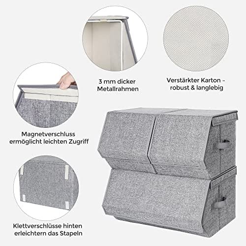SONGMICS Stapelbara förvaringslådor med lock, set om 3, för klädleksaksböcker, grå 4 SONGMICS Stapelbara förvaringslådor med lock, set om 3, för klädleksaksböcker, grå - Bild 4