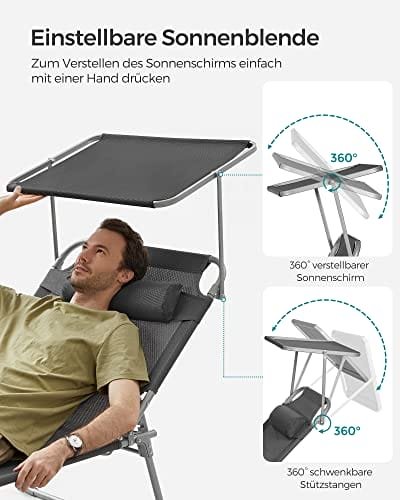 SONGMICS Lounger, Sunbed, Large Reclining Sun Chair, 71 x 200 x 38 cm, Load Capacity 150 kg, with Headrest, Reclining Backrest, Sunshade, Foldable, for Garden, Smoky Grey GCB22GYV2 5 SONGMICS Lounger, Sunbed, Large Reclining Sun Chair, 71 x 200 x 38 cm, Load Capacity 150 kg, with Headrest, Reclining Backrest, Sunshade, Foldable, for Garden, Smoky Grey GCB22GYV2 - Bild 5