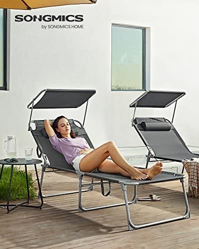 SONGMICS Lounger, Sunbed, Large Reclining Sun Chair, 71 x 200 x 38 cm, Load Capacity 150 kg, with Headrest, Reclining Backrest, Sunshade, Foldable, for Garden, Smoky Grey GCB22GYV2 2 SONGMICS Lounger, Sunbed, Large Reclining Sun Chair, 71 x 200 x 38 cm, Load Capacity 150 kg, with Headrest, Reclining Backrest, Sunshade, Foldable, for Garden, Smoky Grey GCB22GYV2 - Bild 2