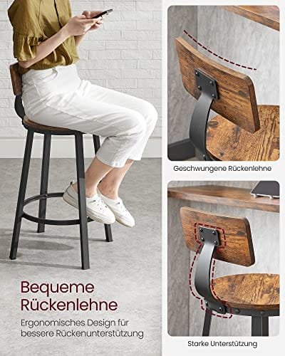 VASAGLE Bar Stools, Kitchen Stools, Set of 2 Tall Bar Chairs with Backrest, Steel Frame, 62.5 cm High Seat, Easy Assembly, Industrial, Rustic Brown and Black LBC076B01 3 VASAGLE Bar Stools, Kitchen Stools, Set of 2 Tall Bar Chairs with Backrest, Steel Frame, 62.5 cm High Seat, Easy Assembly, Industrial, Rustic Brown and Black LBC076B01 - Bild 3