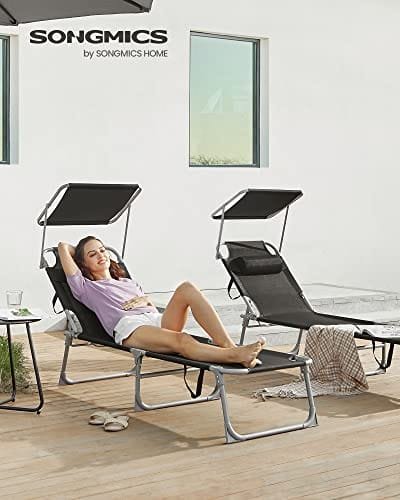 SONGMICS Sun Lounger, Sunbed, Reclining Sun Chair, with Headrest, Adjustable Backrest, Sunshade, Lightweight, Foldable, 53 x 193 x 29.5 cm, Load Capacity 150 kg, for Garden, Black GCB192B01 2 SONGMICS Sun Lounger, Sunbed, Reclining Sun Chair, with Headrest, Adjustable Backrest, Sunshade, Lightweight, Foldable, 53 x 193 x 29.5 cm, Load Capacity 150 kg, for Garden, Black GCB192B01 - Bild 2