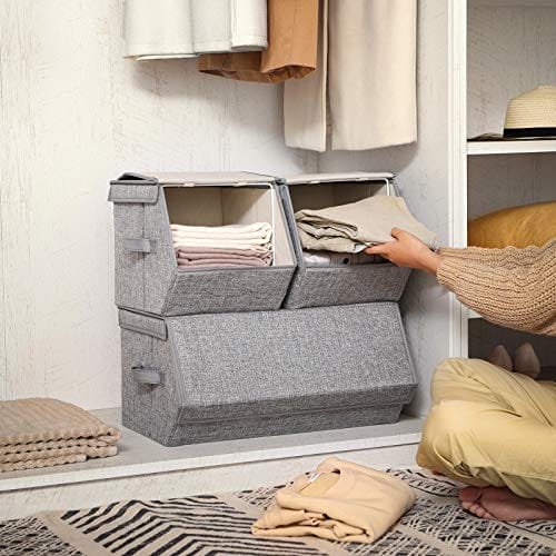 SONGMICS Stapelbara förvaringslådor med lock, set om 3, för klädleksaksböcker, grå 2 SONGMICS Stapelbara förvaringslådor med lock, set om 3, för klädleksaksböcker, grå - Bild 2