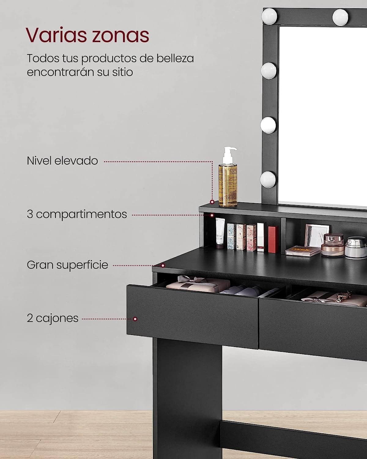 VASAGLE Dressing Table, LED Lights with Adjustable Brightness, Makeup Table with Mirror, 2 Drawers and 3 Compartments, Modern, Black RDT114T16 5 VASAGLE Dressing Table, LED Lights with Adjustable Brightness, Makeup Table with Mirror, 2 Drawers and 3 Compartments, Modern, Black RDT114T16 - Bild 5