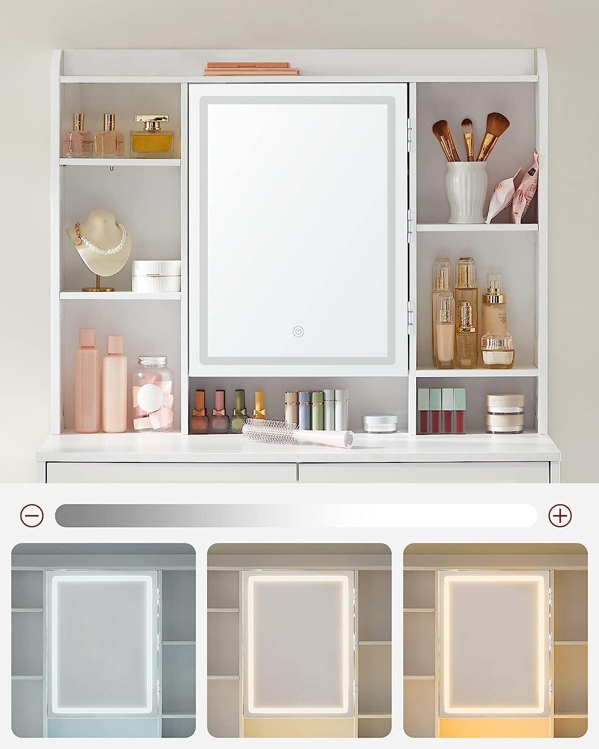 VASAGLE Sminkbord med LED-belysning, 3 färger, med spegel för smink 3 VASAGLE Sminkbord med LED-belysning, 3 färger, med spegel för smink - Bild 3