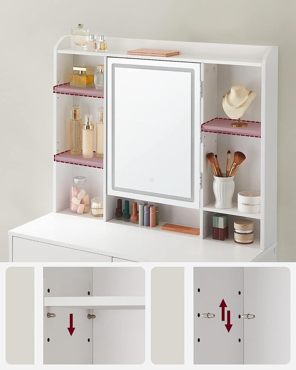 VASAGLE Sminkbord med LED-belysning, 3 färger, med spegel för smink 5 VASAGLE Sminkbord med LED-belysning, 3 färger, med spegel för smink - Bild 5