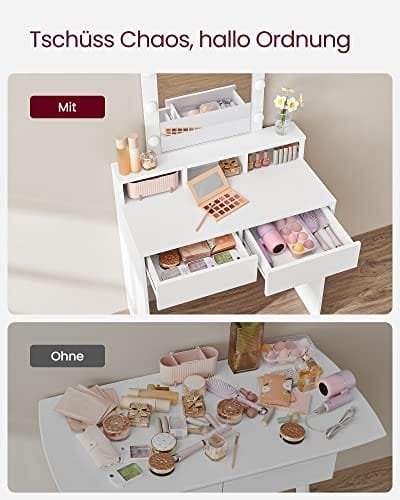 Sminkbord med Spegel Och Glödlampor, Kosmetiskt Bord med 2 Lådor Och 3 Öppna Fack, Toalettbord För Smink, Modernt, Vitt 8 Sminkbord med Spegel Och Glödlampor, Kosmetiskt Bord med 2 Lådor Och 3 Öppna Fack, Toalettbord För Smink, Modernt, Vitt - Bild 8