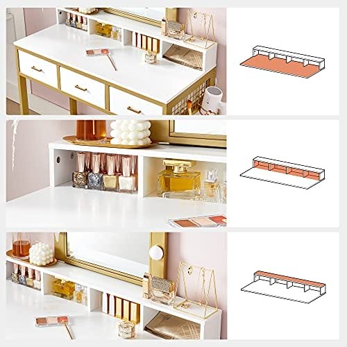 VASAGLE Sminkbord med pall, Sminkbord 10 LED-lampor Spegel, Vitguld 6 VASAGLE Sminkbord med pall, Sminkbord 10 LED-lampor Spegel, Vitguld - Bild 6