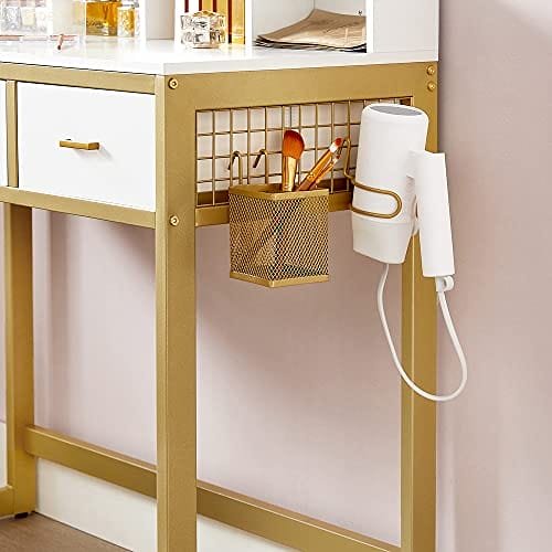 VASAGLE Sminkbord med pall, Sminkbord 10 LED-lampor Spegel, Vitguld 5 VASAGLE Sminkbord med pall, Sminkbord 10 LED-lampor Spegel, Vitguld - Bild 5